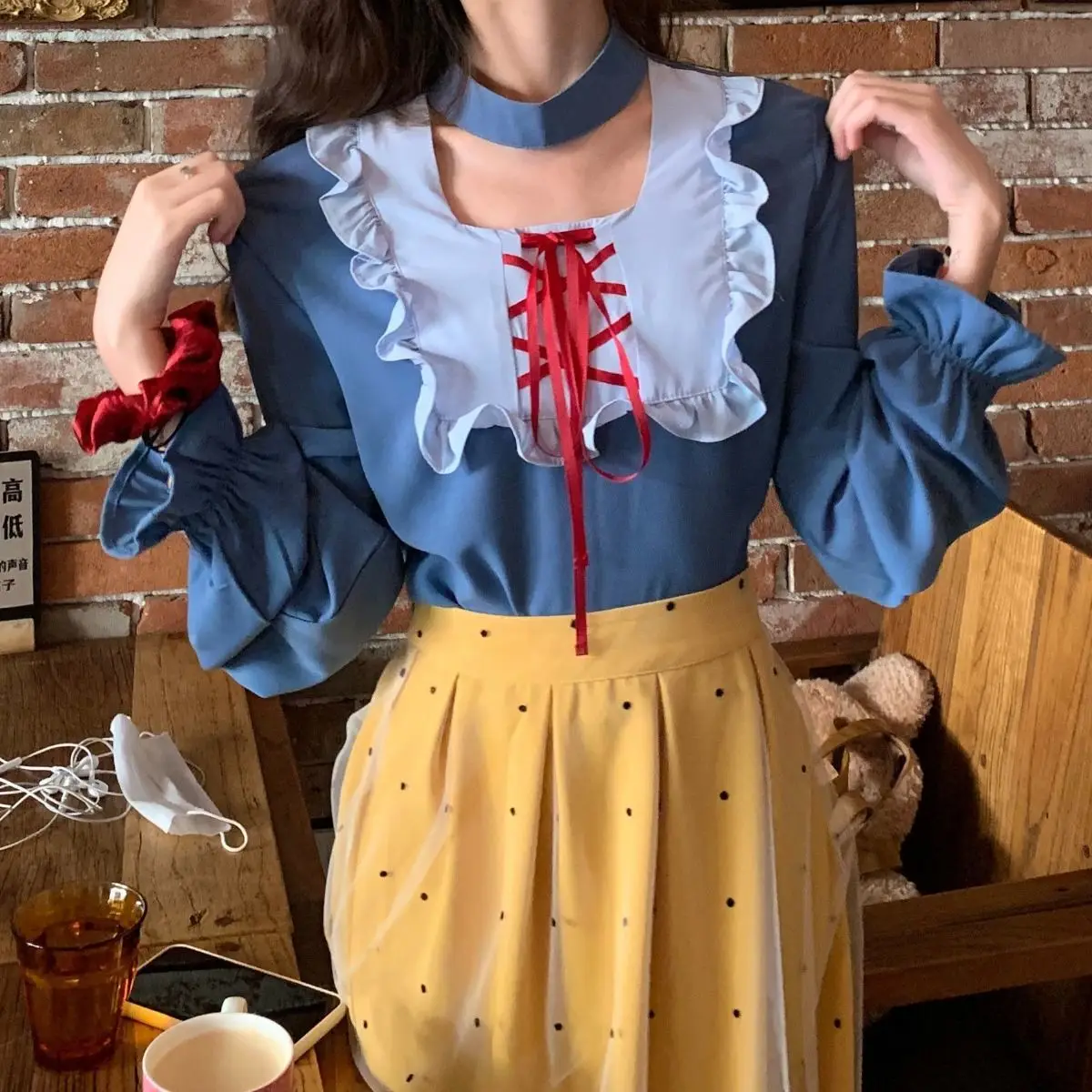 Luck A/Милая женская одежда в японском стиле Mori Girl топ с бантом и юбка горошек