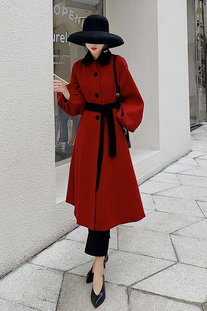 

Women Bright Red Long Elegant Woolen Winter luxury Thicken outerwear Casaco