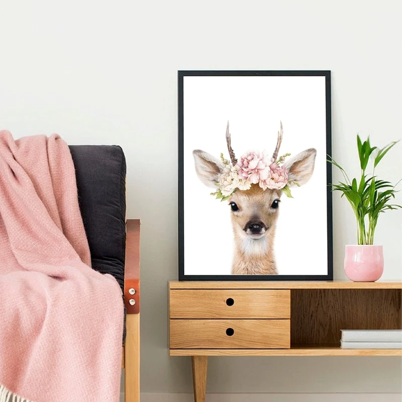 Настенный декор для детской комнаты с оленем животные розовые цветы
