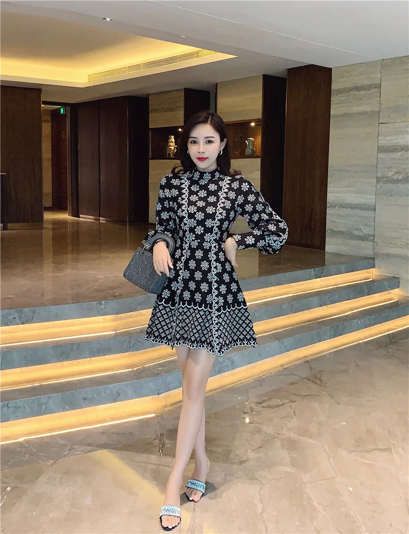 Vintage Print Snowflake Floral Women Lantern Long Sleeve Slim Mini Dress 2020 Autumn Ladies Runway Big Sizes Dresses Vestidos | Женская