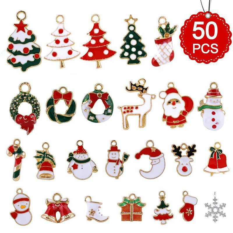 

50 Pcs Charms Enamel Gold Plated Pendants for Necklace Bracelet for Jewelry Making Christmas DIY Crafting Xmas
