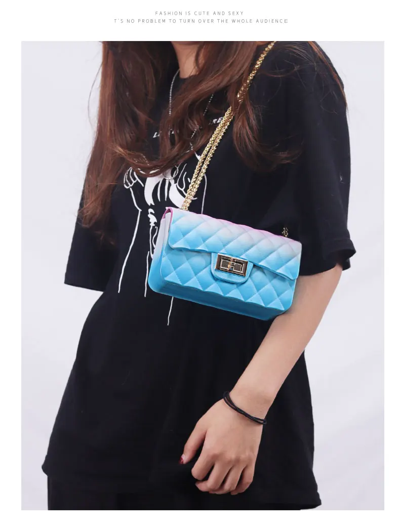 New Jelly Small Square Bag Clutch Purse Women's Bag Messenger Bag Gradient Rainbow Rhombic Chain Shoulder Crossbody Bag