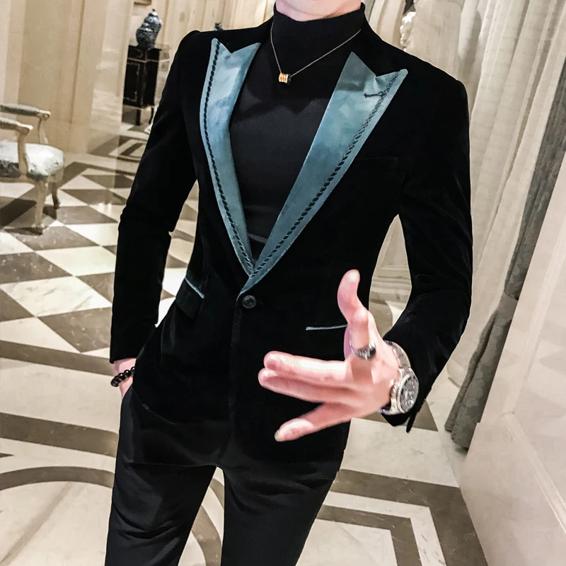 Замшевый костюм мужские Клубные блейзеры slim fit para caballero мужские Клубные костюмы куртки для вечеринок бархатный черный Стиль Блейзер с пайетками