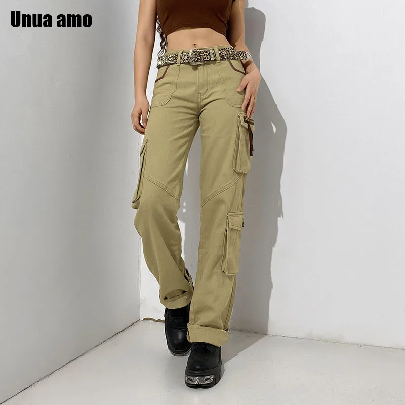 Unua amo Vintage Khaki Straight Cargo Pants For Women Casual Wild Streetwear Jeans Multi-pocket Design Female Denim Trousers