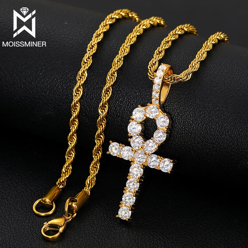 MM Moissanite Ankh Cross Pendants Necklace S925 Silver Real Diamond Iced Out Necklaces For Men Women High-End Jewelry