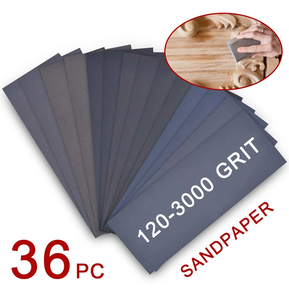 

36Pc Wet Dry Sandpaper 120 To 3000 Grit Assortment Abrasive Paper Sheets For Automotive Sanding Wood Furniture Finishing 23*9 cm