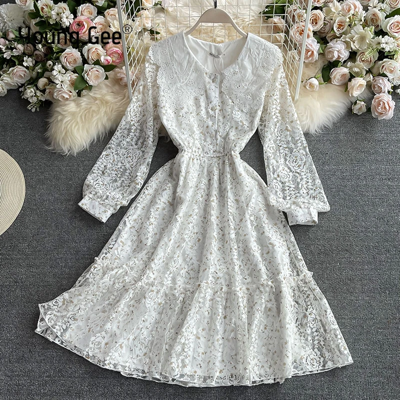

Young Gee Vintage White Lace Floral Doll Collar Dress Elegant Party Long Sleeve Runway Designer Ruffles Flared Dresses Vestido