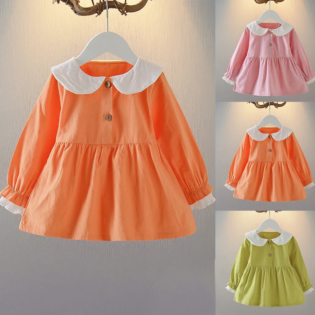 Платье для девочек с длинными рукавами однотонное отворотами на пуговицах