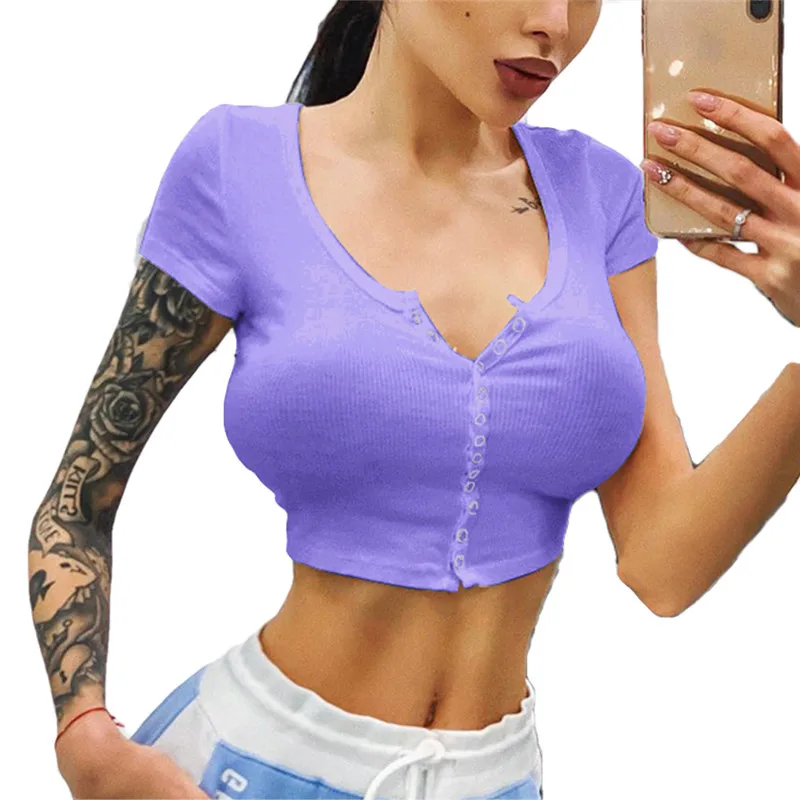 

2020 Newly Women Casual Clothes T-shirts Sexy V-neck Ladies Short Sleeve Crop Tops Short T-shirts Casual Female Pure Streetwears