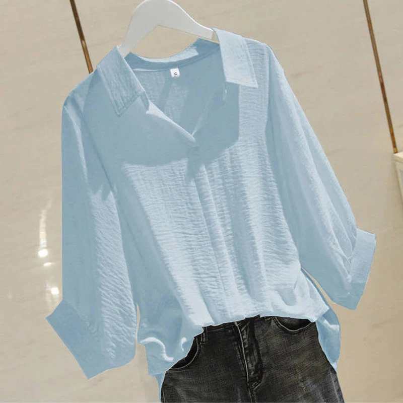 

womens tops and blouses White shirt women's long sleeve Blue Shirt Silk Women Blouse Top plus size 5xl white shirt female