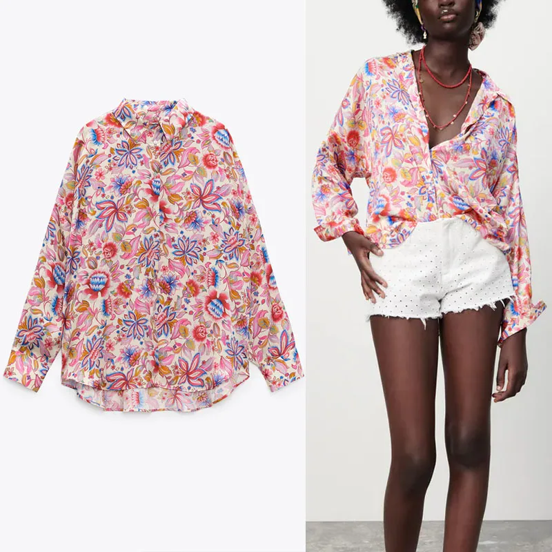 

Женская Асимметричная рубашка ZA, винтажная Свободная блузка с длинным рукавом и цветочным принтом, на пуговицах, лето 2021