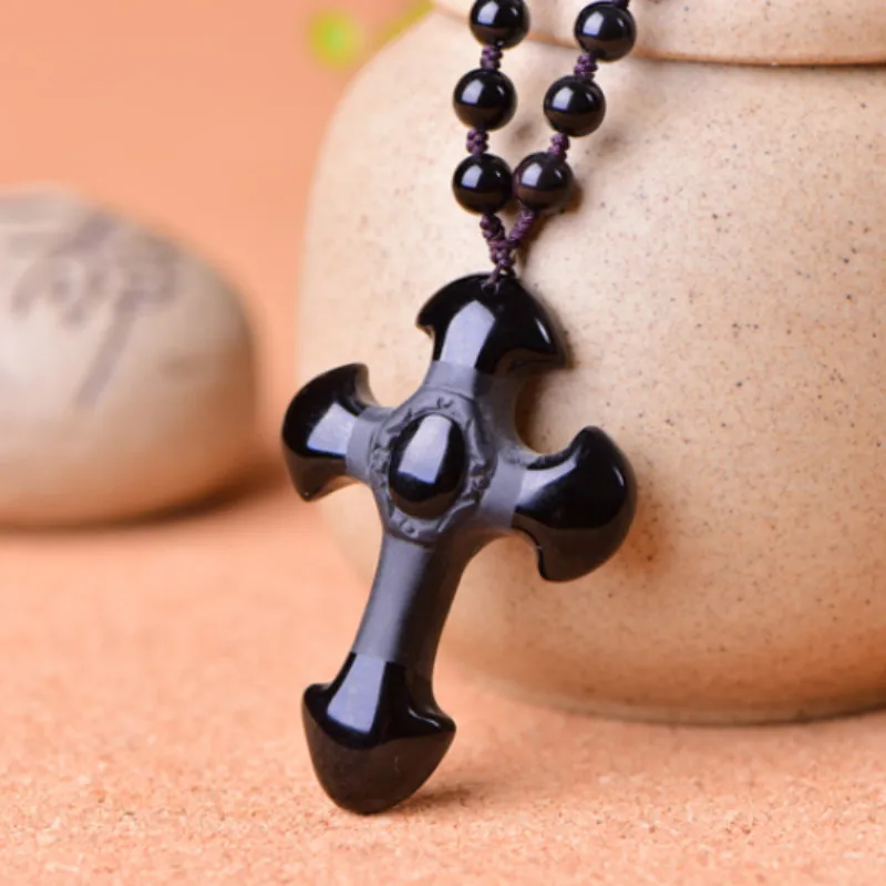 Натуральный черный обсидиан крест кулон бусы ожерелье модное очарование