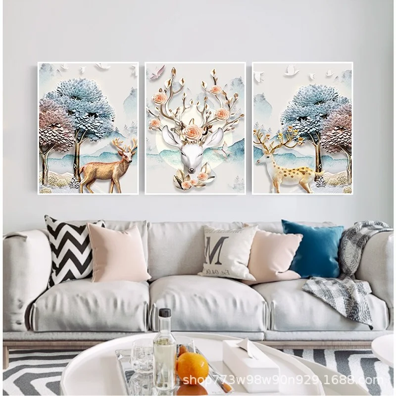 

Living Room Poster Printing Sofa Bedside Fortune Deer Triple Mural Home Decoration Painting Modern Canvas Wall Art Abstract