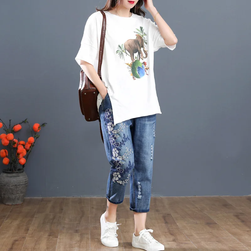 

2021 Casual Jeans Summer Women Clothing Fashion Loose Flowers Embroidery Denim Calf-Length Pants
