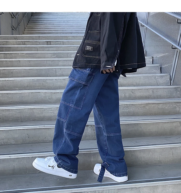 

Men's stitching wide-leg jeans fashion retro casual jeans men's street wear autumn all-match loose hip-hop straight jeans
