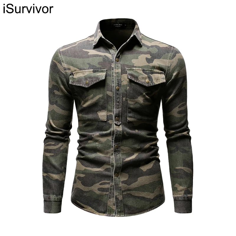 iSurvivor 2022 European And American Foreign Trade Long Sleeve Military Green Camouflage Denim Shirt Outdoor Climbing Jacket