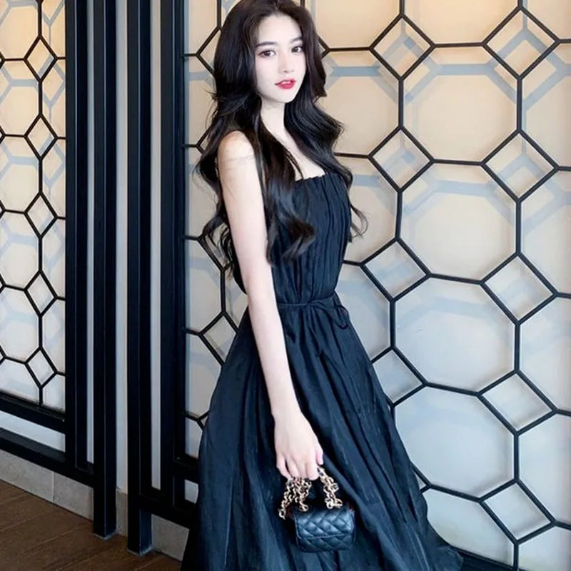 Летнее платье без рукавов 2021 года для женщин с элегантными лямками, бандажным дизайном, однотонным и тонким материалом, корейского стиля, для вечеринки.