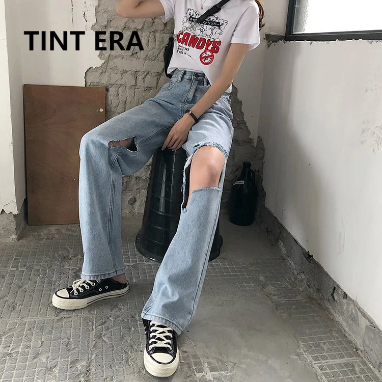 

TINT ERA Korean Fashion Spring Summer High Waist Wild Drape Loose Thin Straight Denim Trousers Ripped Beggar Women's Pants Y2K