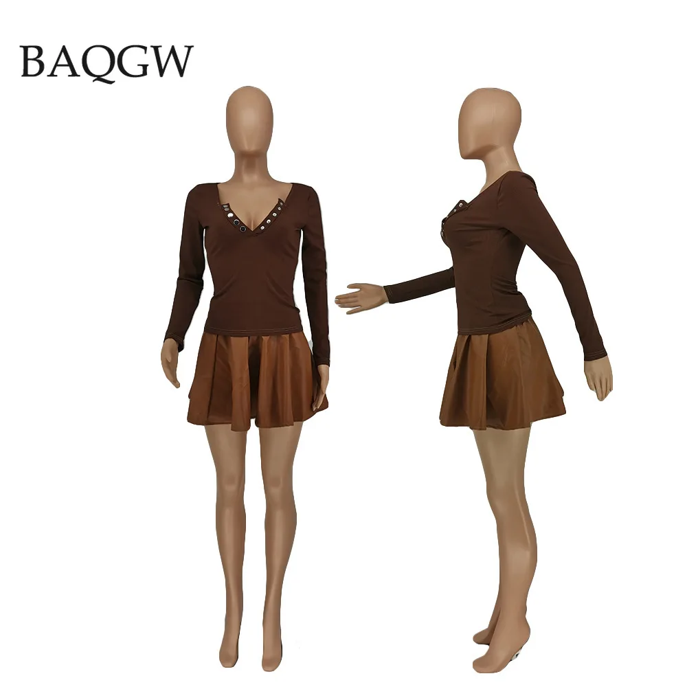 Модная мини-юбка из искусственной кожи Женский комплект двух предметов