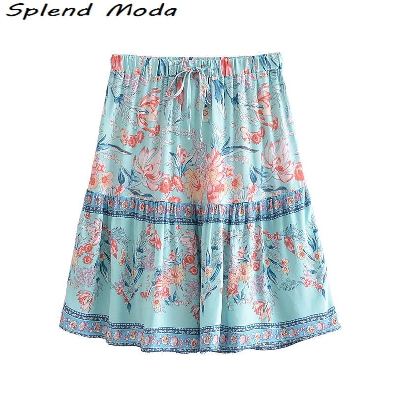 

Юбка женская короткая в богемном стиле с цветочным принтом и поясом на резинке