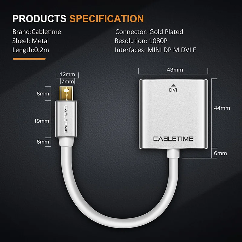 Переходник CABLETIME Mini Displayport на DVI позолоченный переходник DP M/F для MacBook Air Laptop Surface Pro