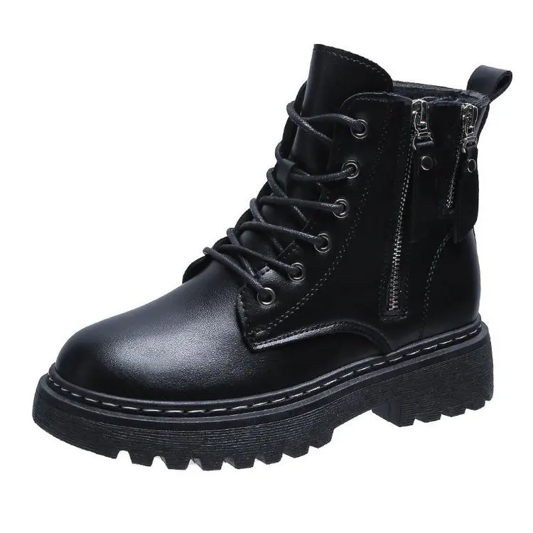 

Leather boots women's autumn and winter 2020 new plush fashion style versatile short boots double zipper