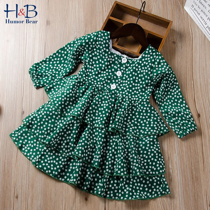 

Humor Bear Girls Cake Dress Autumn New European American Long Sleeve Floral Printed Princess Dress Toddler Kids Clothes For 2