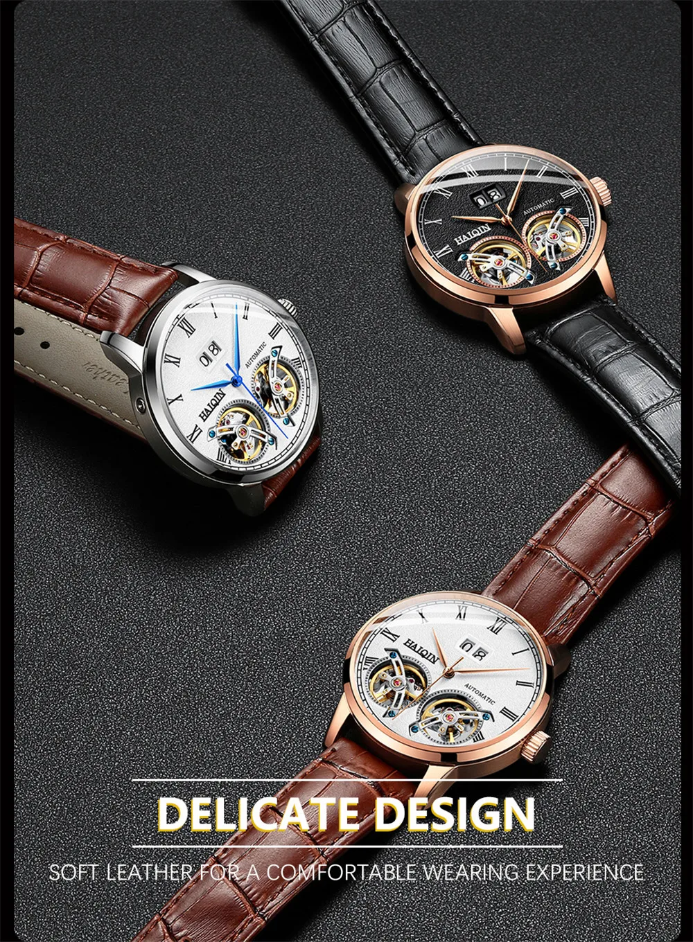 HAIQIN Men Mechanical Automatic Double Tourbillon Calendar Stainless Steel Wrist Watches Top Brand Luxury Military Male Clock