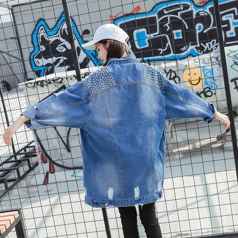 Женская джинсовая куртка YOCALOR свободная с отделкой бисером и дырками Осеннее