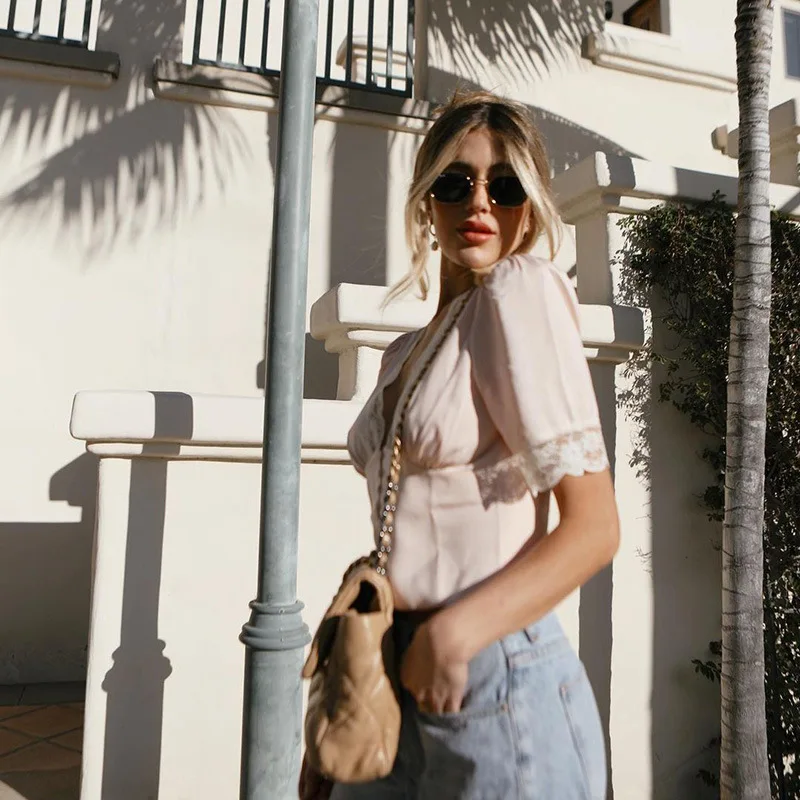 

Miguofan Vintage Satin Elegant Blouse Shirt Women Button Deep V Neck Feminino Blouse Shirt Summer Lace Tops Blusas