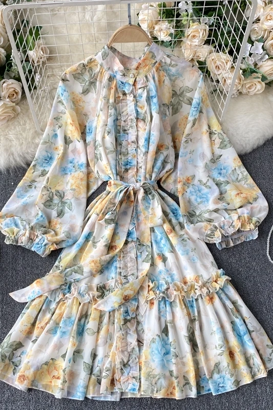 

Holiday Bohemian Dress Women Spring New Retro Lantern Sleeve Sweet Ruffled Elegant Chiffon Dresses Lady Fashion Outfits