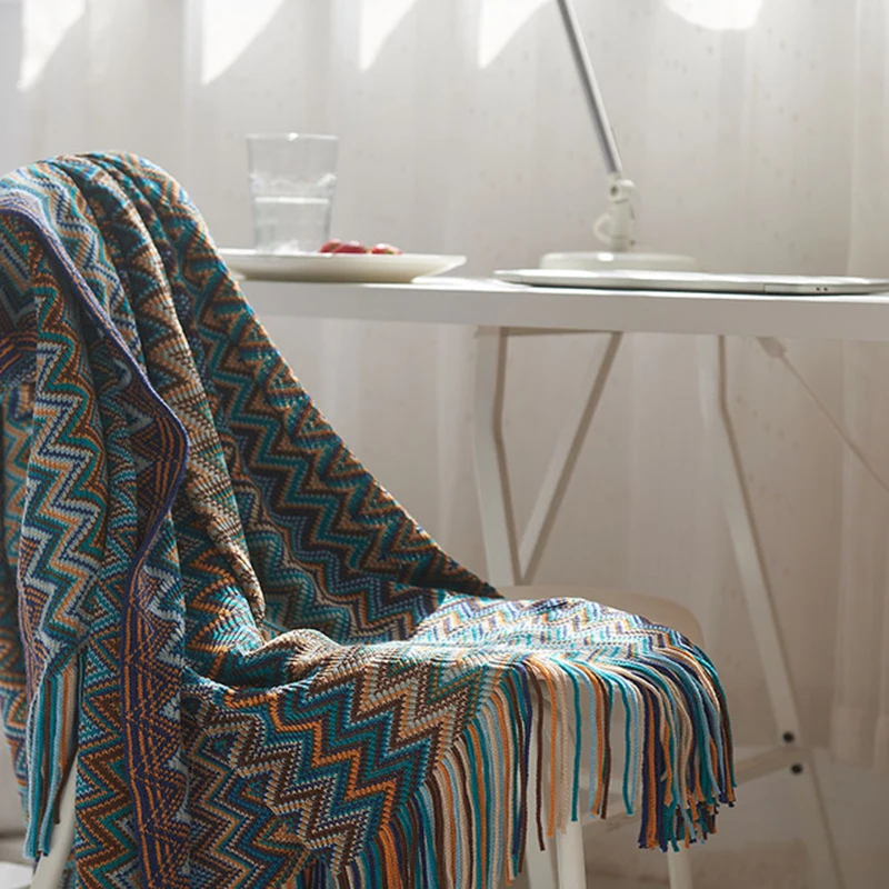 Bohemian 100% Acryl Hand Knitted Blanket with Tassel Summer Blanket Bed Sofa Travel Breathable Chic Soft Comfortable Blanket chic quality comfortable drawstring style knitted mermaid design throw blanket