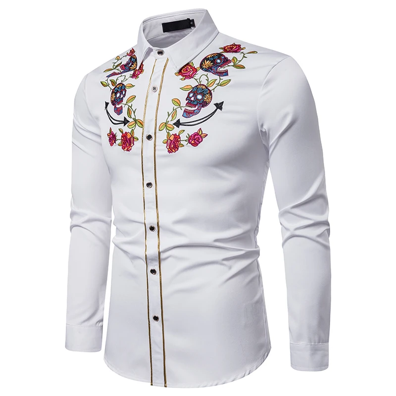 UNPADUPE Мужская мода Западный череп ковбоя и Роза вышивка рубашка Slim Fit Повседневная с длинным рукавом пуговицы вниз платье рубашки