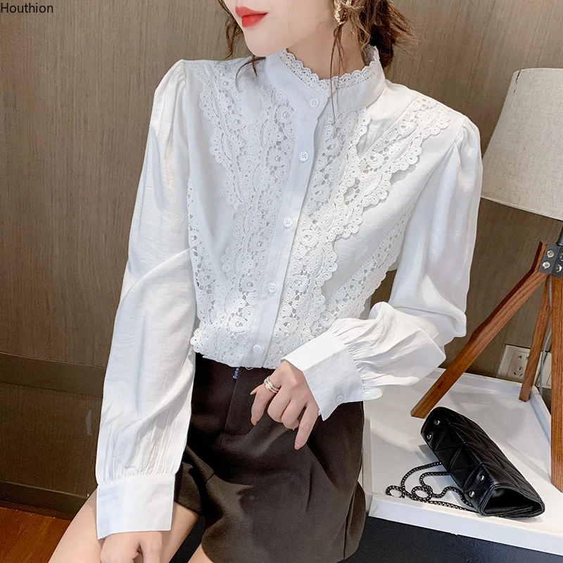 

Autumn New Women's Blouses Lotus Leaf Collar Shirt Long Sleeve Tops Solid Color Blouse Girl Splicing Viscose Casual Fashion