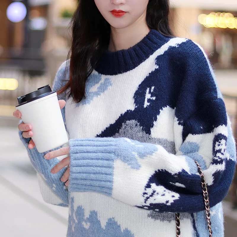 Young girl Sweaters Women's Clothing Blue New 2021 Winter Pullovers Knitted Loose Women Tops Long Sleeve Casual 511A | Женская