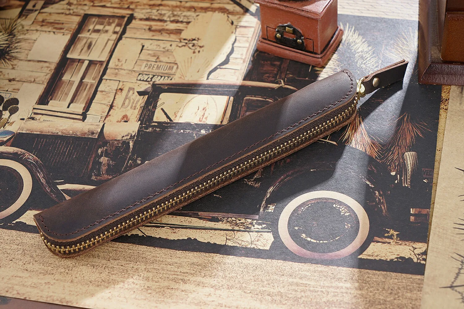 Genuine Leather Zipper Pen Bag Mini Small Pencil Case Apple Electronic Writing Pen Protective Sheath Creative Vintage Style