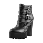 Женские ботинки Richealnana, зимние ботинки с круглым носком, на платформе, с заклепками, на толстом массивном каблуке 13-14 см, с ремешками, на молнии