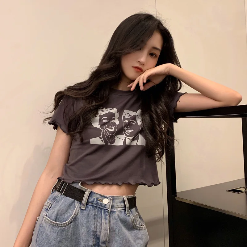 

Top Women's t-shirts summer shirt sexy navel high waist short curled top harajuku ruffle print slim slimming y2k woman tshirts