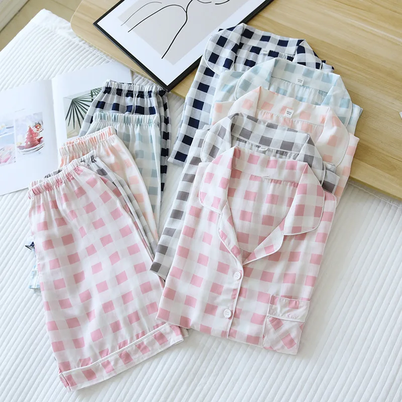 

Lovers spring and summer new cotton silk short-sleeved home service large size cotton pajamas suit ladies plaid home service