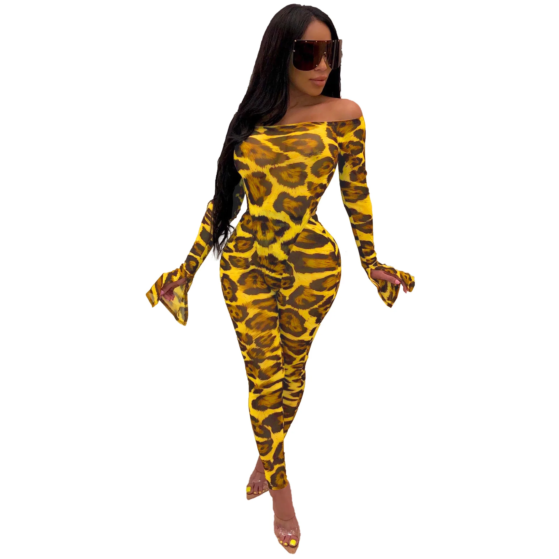 yellow jumpsuit Adogirl Леопардовый принт женский сексуальный комплект из двух предметов с открытыми плечами с длинными расклешенными рукавами боди Топ+ узкие брюки Ночные Клубные костюмы - Цвет: yellow jumpsuit