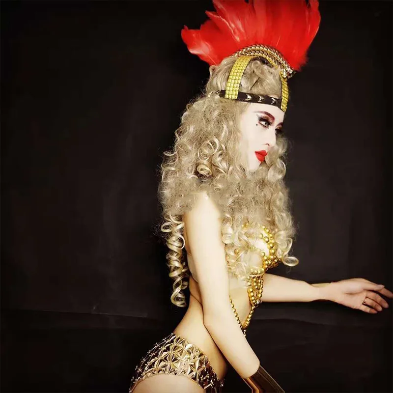 Online Luxus Gold Strass Bikini Frauen Pole Dance Kleidung Feder Headwear Nachtclub Dj Bühne Kostüm Festival Outfits VDB3387