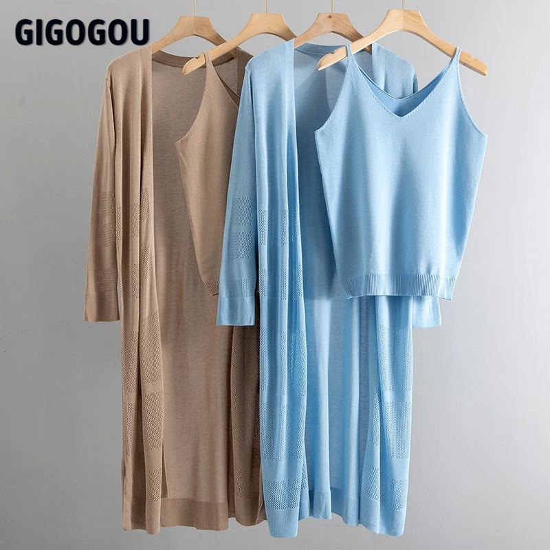 

GIGOGOU Women Hollow Out Sunscreen Cardigan Sweater Spring Summer Solid Open Blouse Tops + Tank Top 2 Pcs Tracksuits Sweater Set