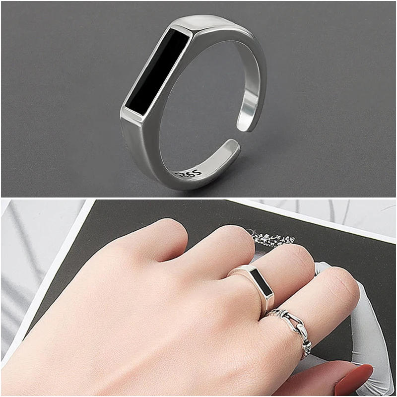 

Geometric Square Simple Rings for Women Retro Black Stone Opening Ring Adjustable Men Women Jewelry Accessories M4
