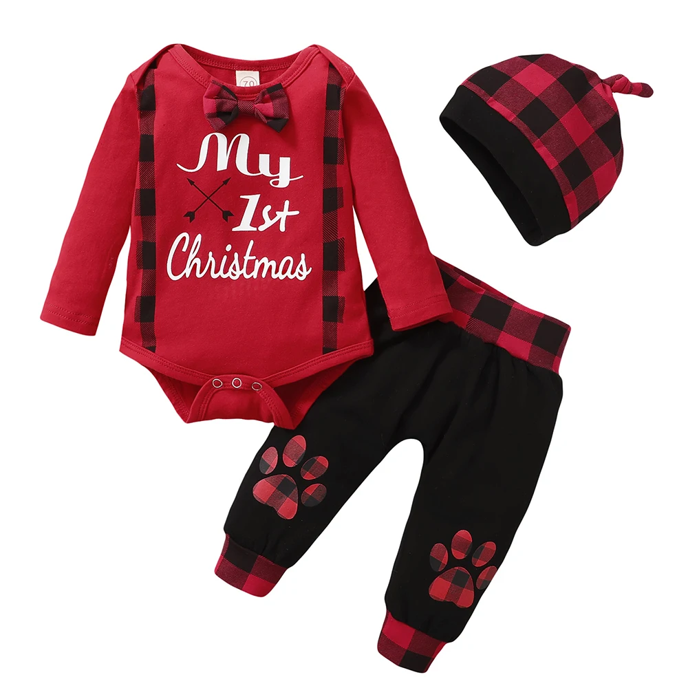 

Christmas Newborn Boby Boys Bow Pullover Round Neck 3 Piece Long Sleeve Elastic Waist Pants Autumn Casual Cotton Knitted Hat
