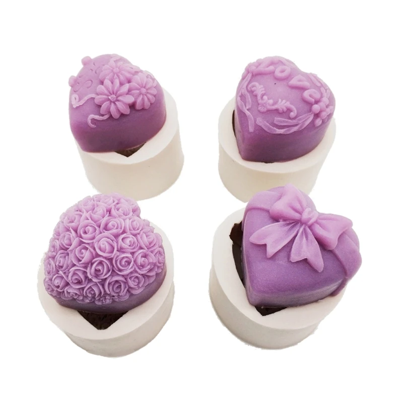 

4Pcs Heart Shaped Rose Flower Silicone Mold Bow Flower Heart Soap Lotion Bar Bath Bomb Candle Resin Casting Mold Tools