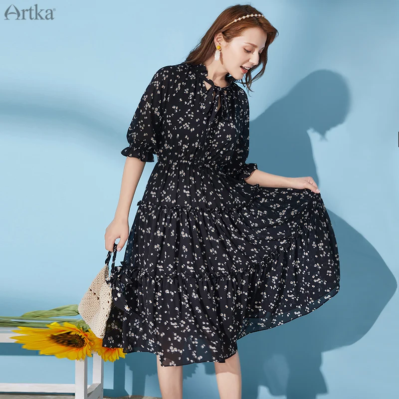 Женское шифоновое платье с цветочным принтом ARTKA розовое длинное V образным