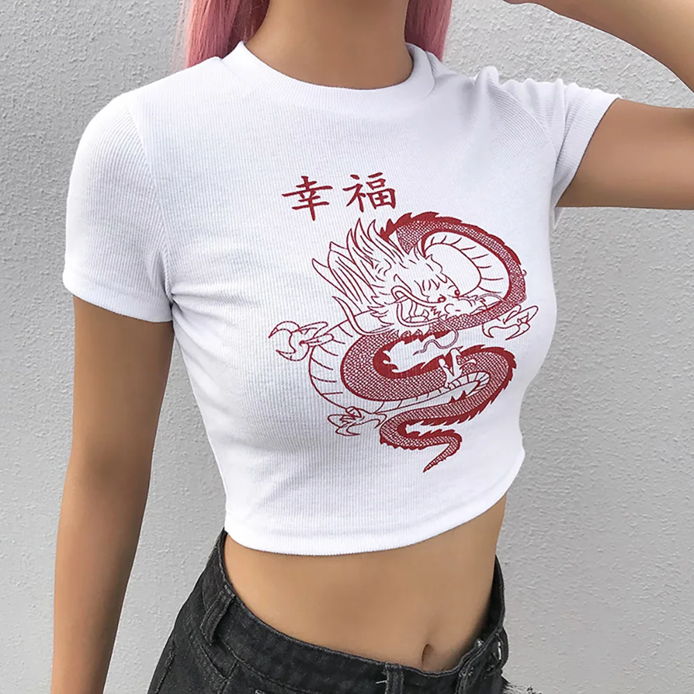 

Женский летний укороченный топ Y2K с коротким рукавом, футболка с китайским драконом в стиле Харадзюку, облегающий жилет до пупка, Клубная ул...