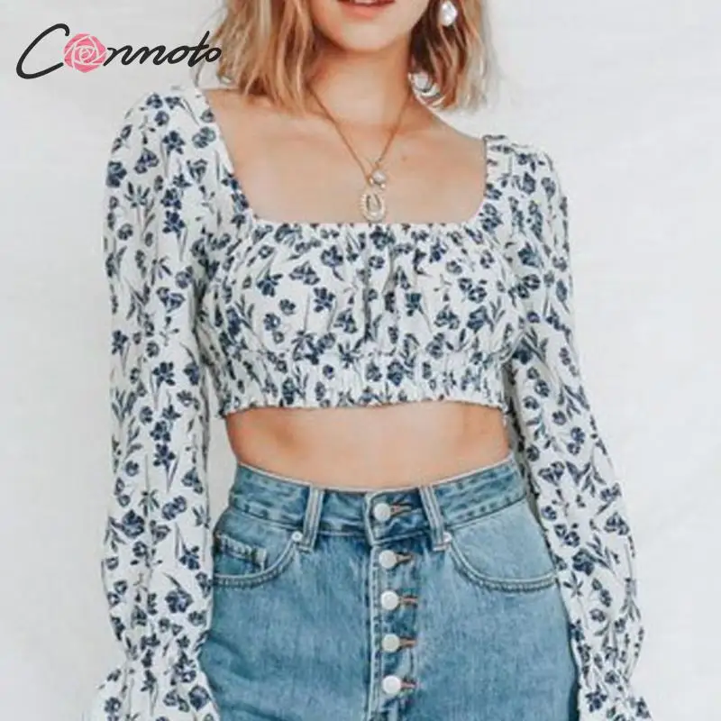 Conmoto/модные синие женские короткие топы с цветочным принтом и блузка 2019 осенне