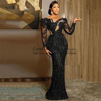 Shinny Mermaid Prom Dress Appliques Sequin And Beading Black Long Sleeves Evening Party Gown Luxury Plus Size Robe De Soriee