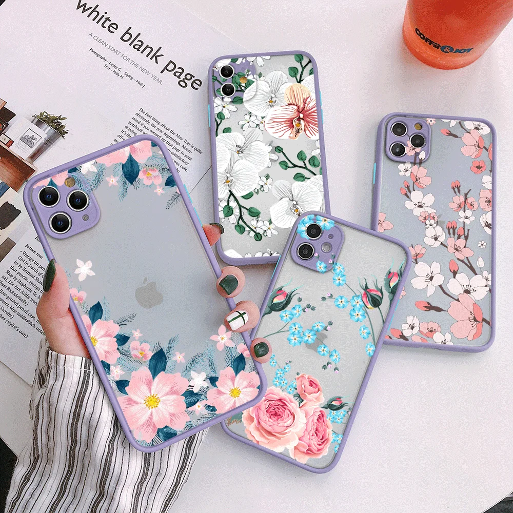 

Luxury brand peach blossom transparent frosted purple mobile phone case for iphone 12 11 Pro Mini XS MAX 8 7 6 6S Plus X SE 2020